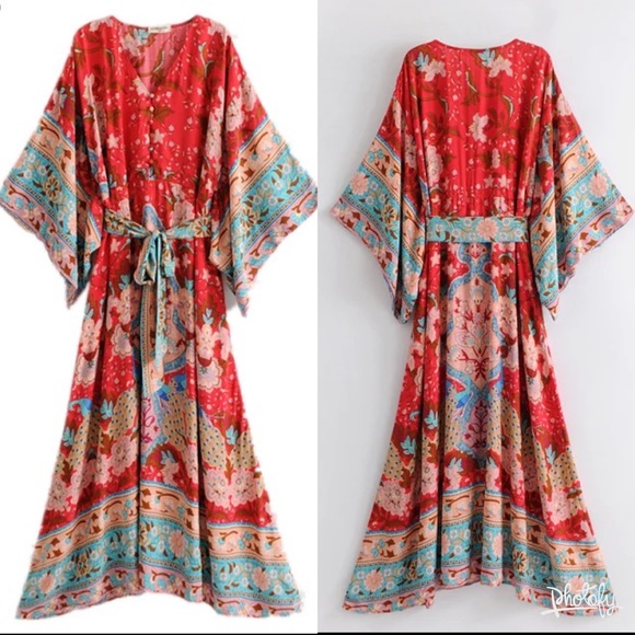 New Boho Cotton Floral Print Kimono Red Maxi Belted Dress - Picture 2 of 6